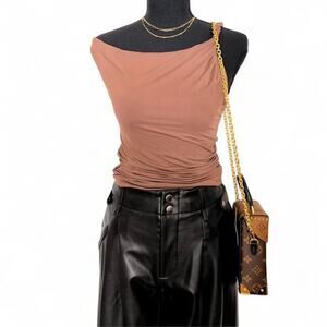Ruched One Shoulder Top Mocha Brown Asymmetrical Fitted Women’s Small